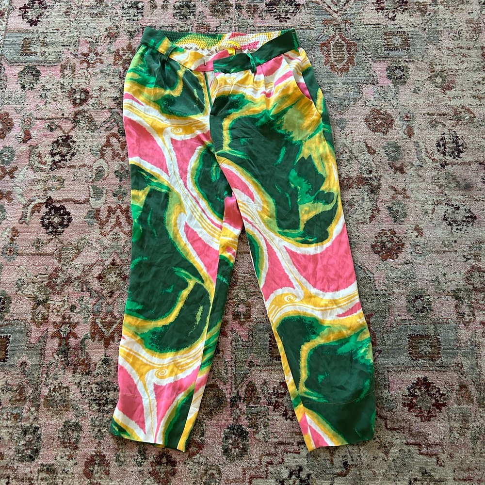 Catherine Malandrino trouser wide leg ankle pants marbled print silk crop